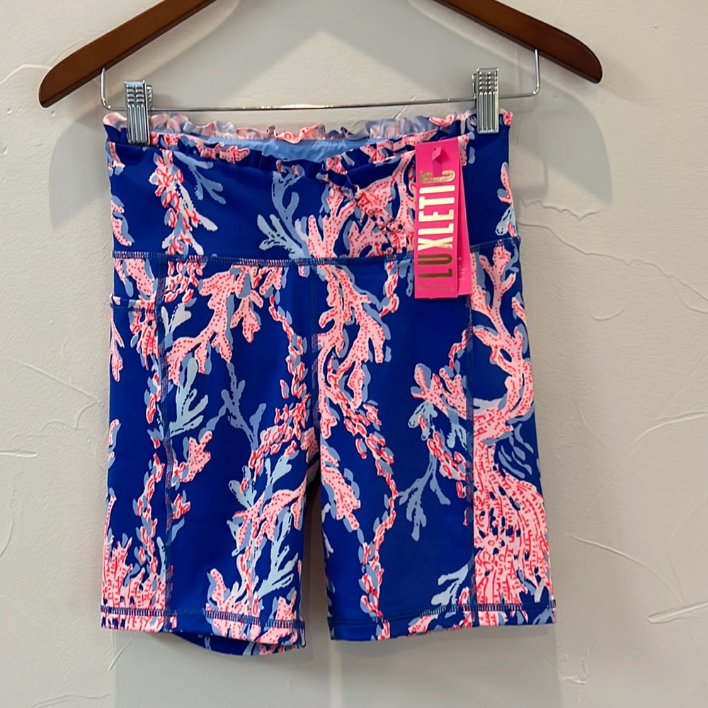Lilly Pulitzer borealis blue weekender high rise bike shorts pocket swim on over